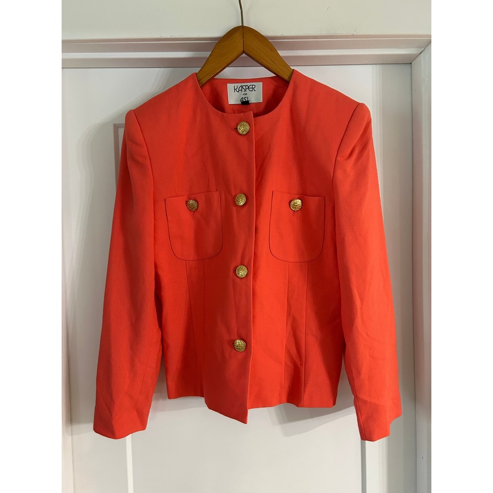 Kasper for ASL Womens Orange Red Collarless Vintage Blazer Gold Button Jacket 12